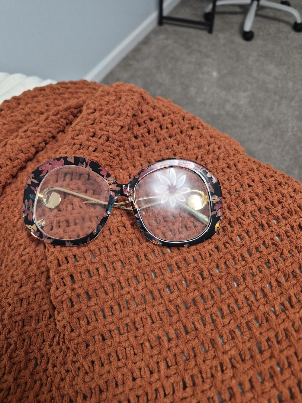 Oversized Round Floral Print Clear Lens Glasses Gold Wavy Temples Pearl Accents